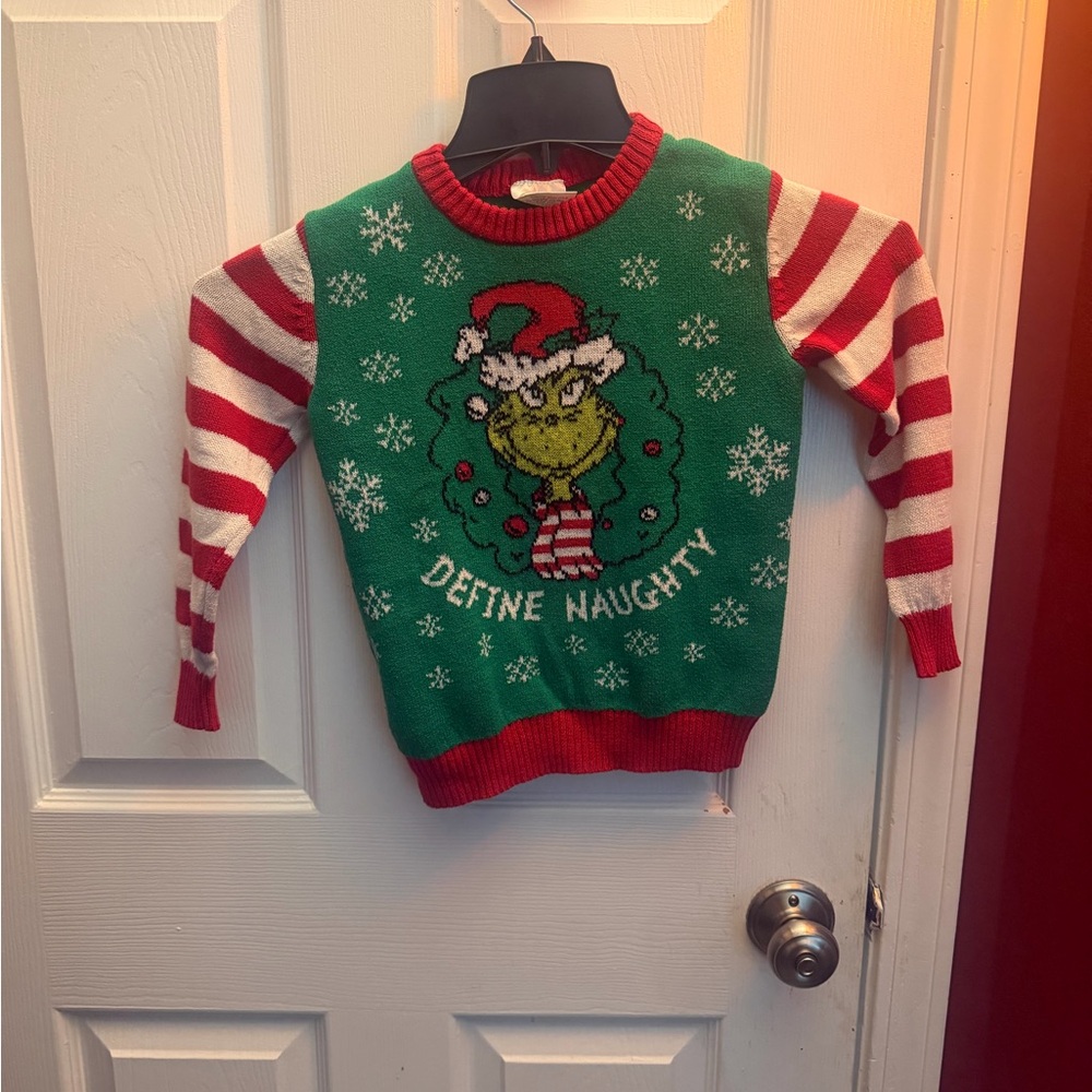 Festive Green and Red Kids Sweater with Striped Sleeves